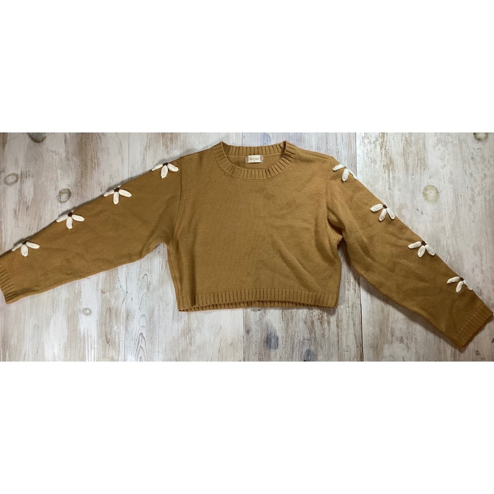 Altar'd State Women Mustard Tan Daisy Floral Applique Cropped Sweater Small